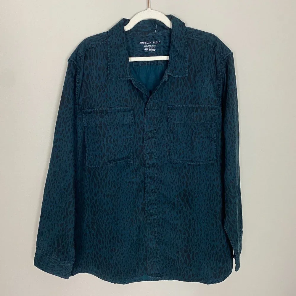 American Eagle Outfitters Blue Button Down Cheetah Animal Lightweight Jacket 2XL